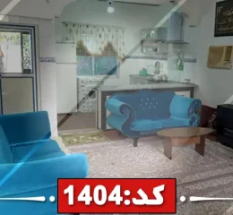 اتاق پذیرایی فرش شده و مبلمان آبی با بخاری گازی و آشپزخانه با یخچال، لباسشویی خانه ویلایی در مشهد 56488